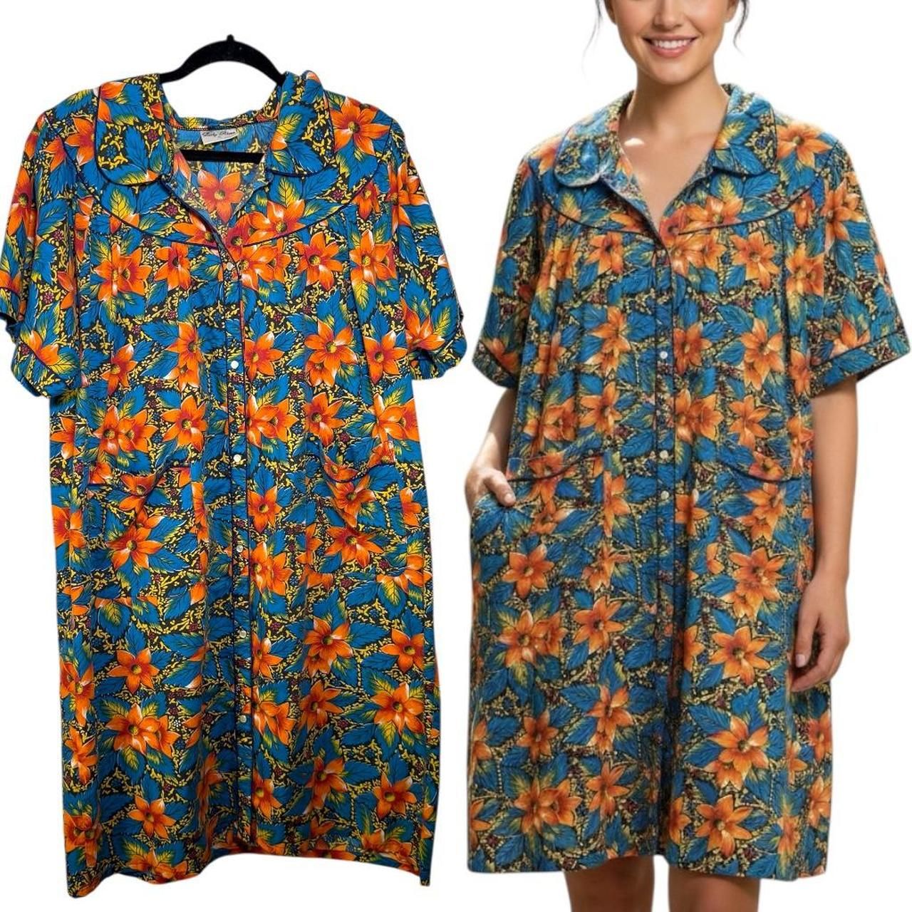 Vintage Lady Rina Xl Tropical Floral Button-Up Duster Dress Muumuu Dress